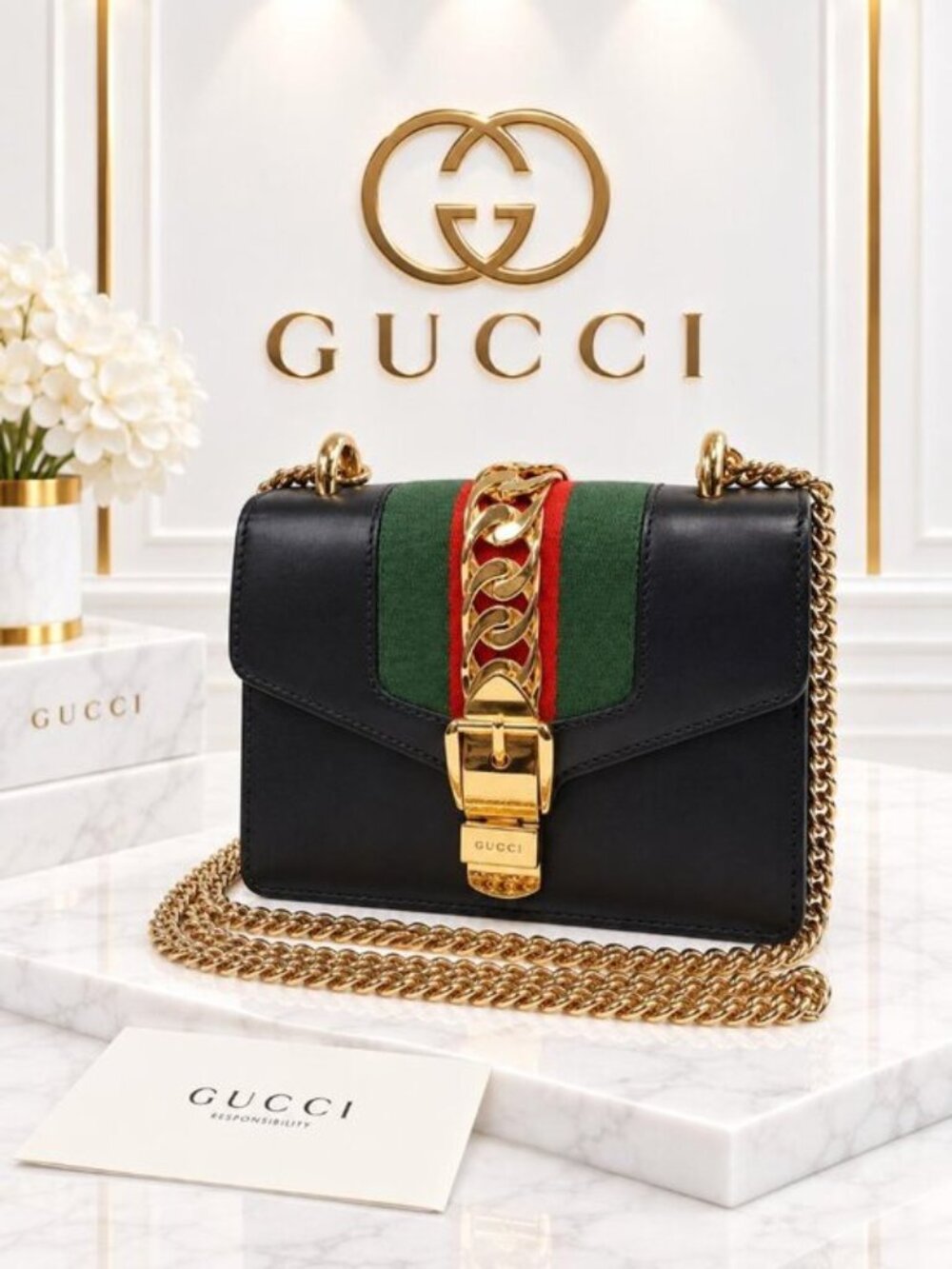 Authentic Gucci Sylvie Mini Black Leather Web Stripe Gold Chain Crossbody Bag